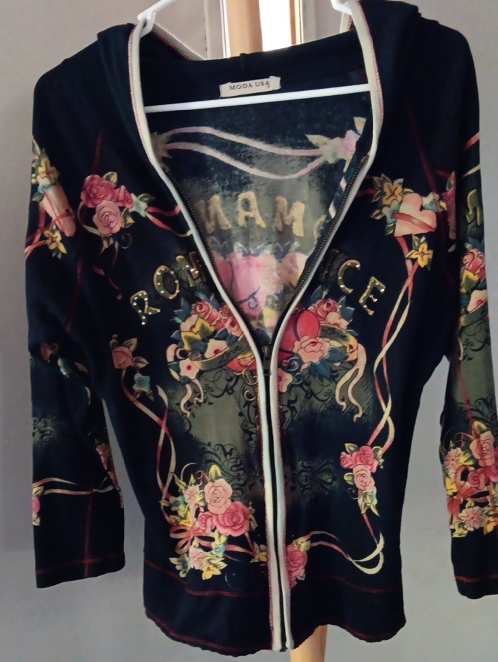 MOA USA Black Floral Zip Hoodie with Pink and Cream Accents